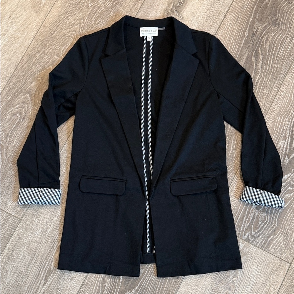 Chic Black Blazer with Checkered Cuffs